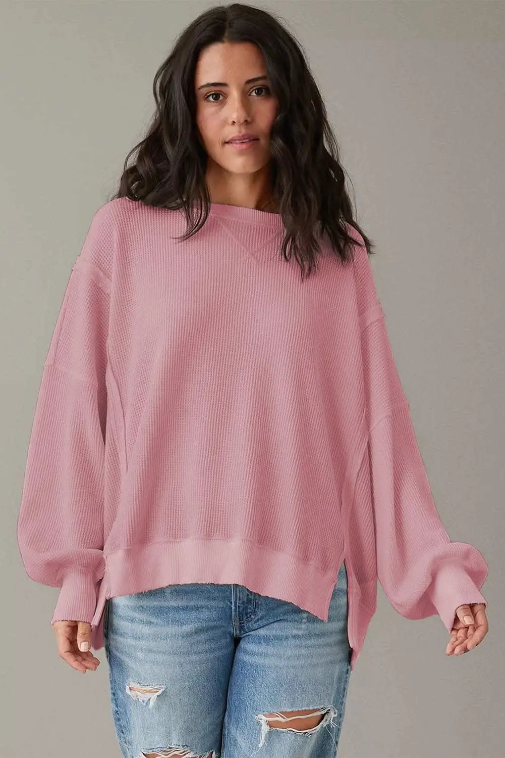 Sweaters Love Salve Pink Waffle Knit Bishop Sleeve Split Oversized Swe