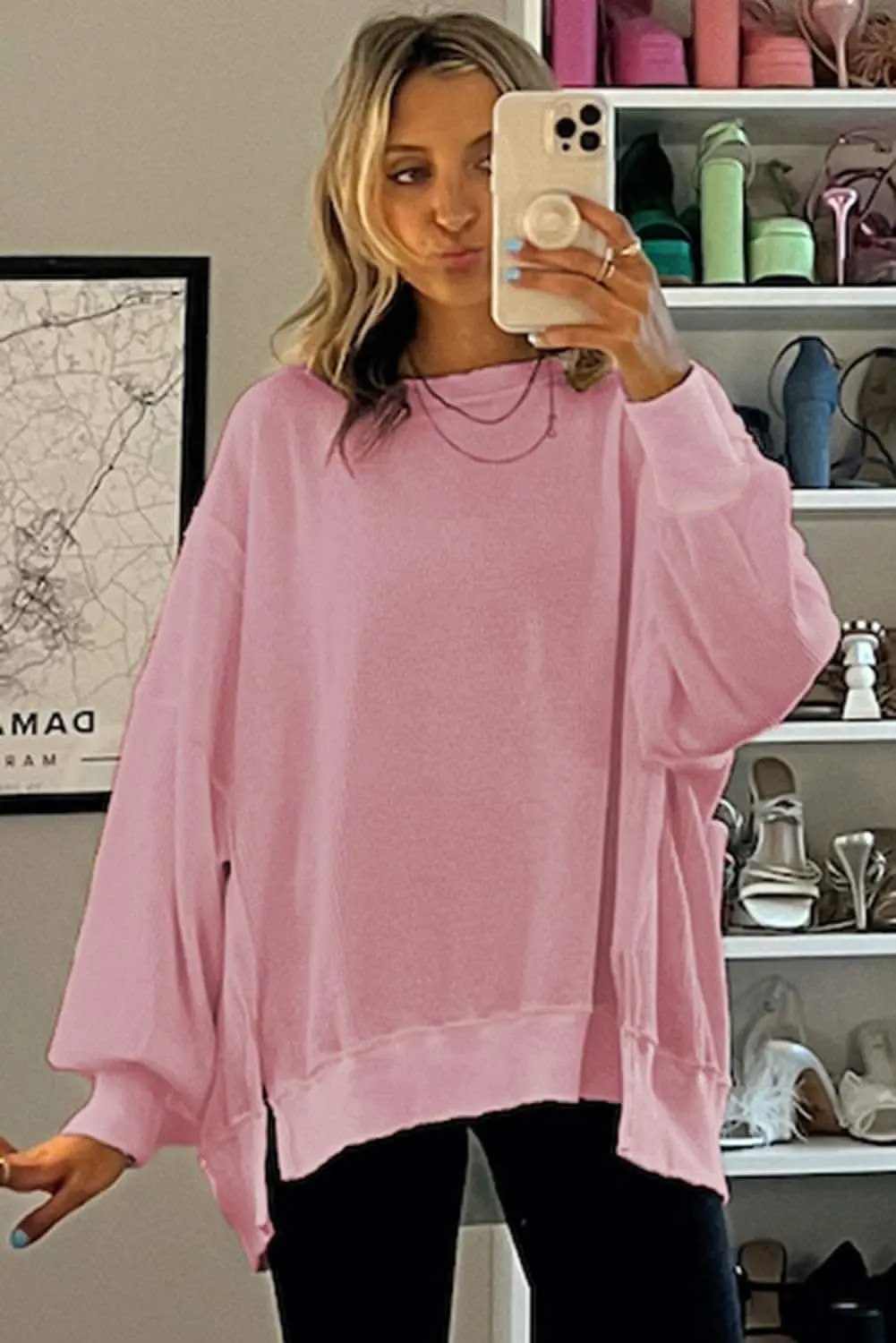 Sweaters Love Salve Pink Waffle Knit Bishop Sleeve Split Oversized Swe