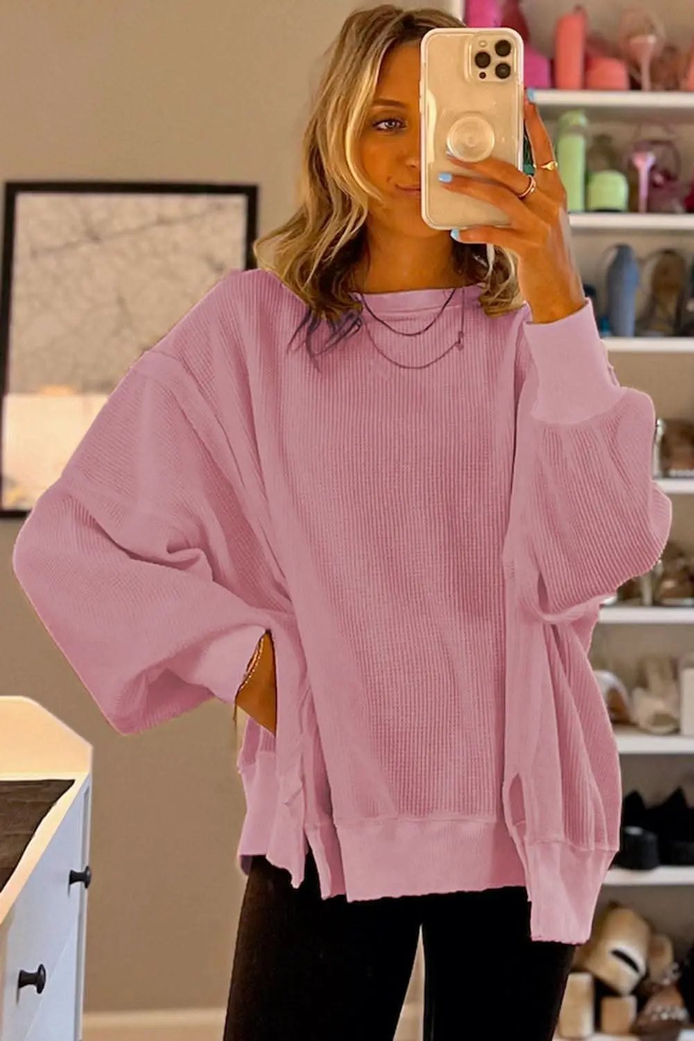 Sweaters Love Salve Pink Waffle Knit Bishop Sleeve Split Oversized Swe