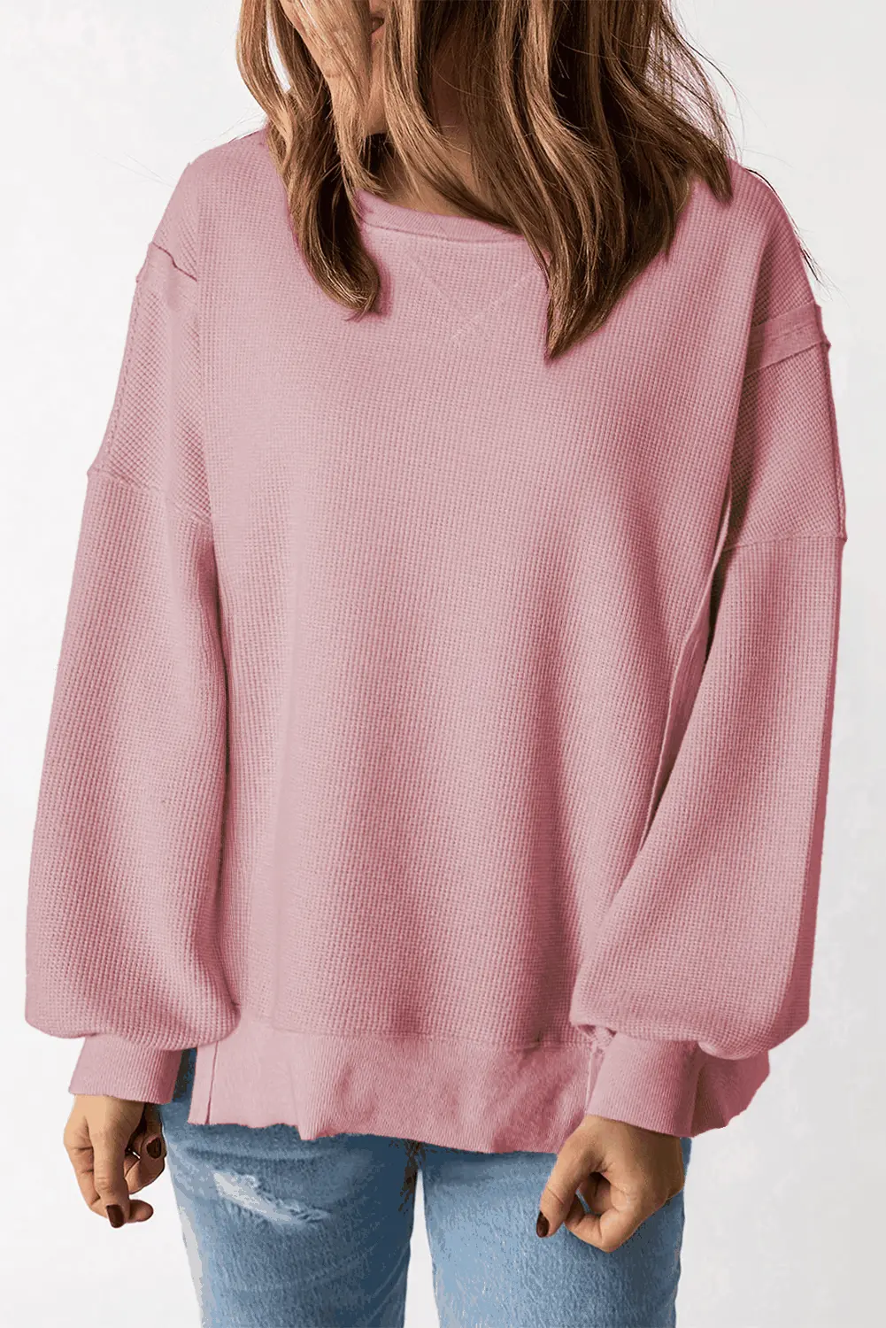 Sweaters Love Salve Pink Waffle Knit Bishop Sleeve Split Oversized Swe