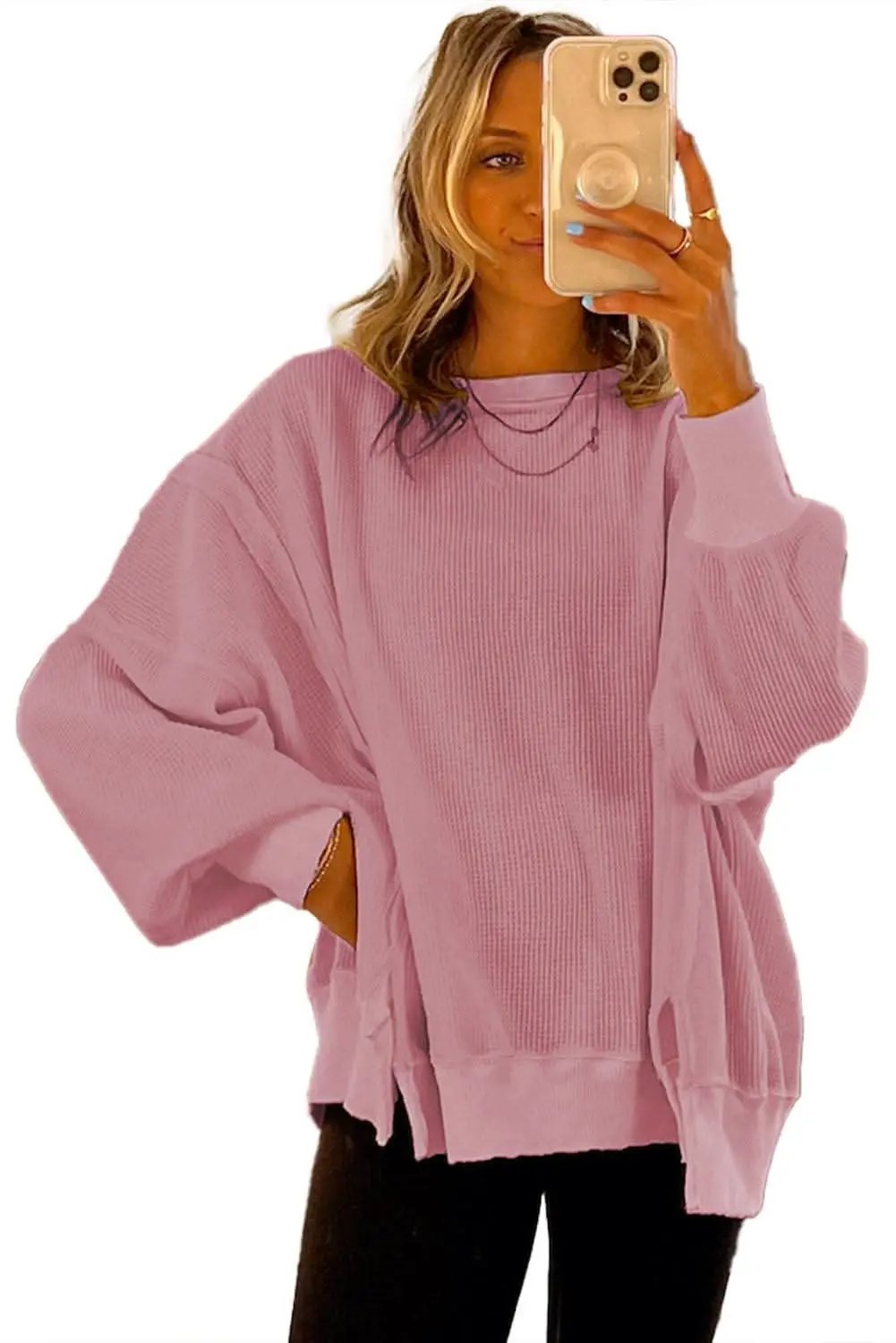 Sweaters Love Salve Pink Waffle Knit Bishop Sleeve Split Oversized Swe
