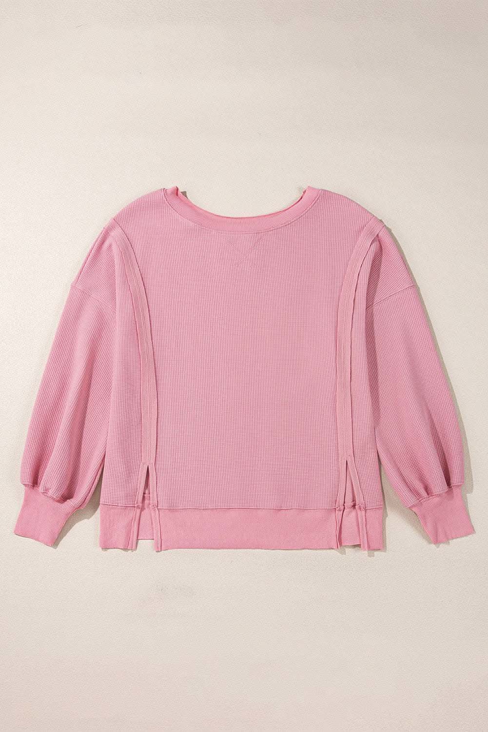 Sweaters Love Salve Pink Waffle Knit Bishop Sleeve Split Oversized Swe