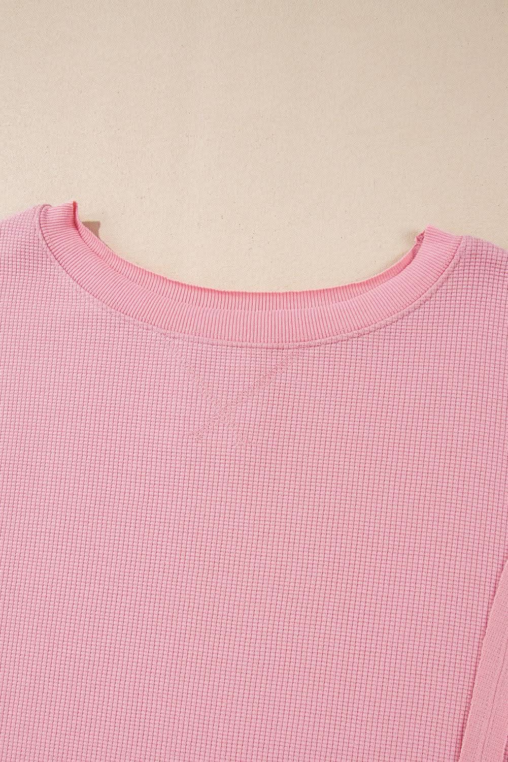 Sweaters Love Salve Pink Waffle Knit Bishop Sleeve Split Oversized Swe