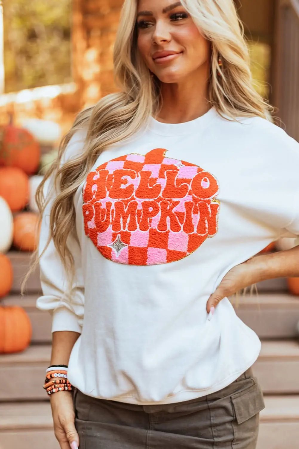 Sweaters Love Salve White Terry Halloween Pumpkin Patched Pattern Pull