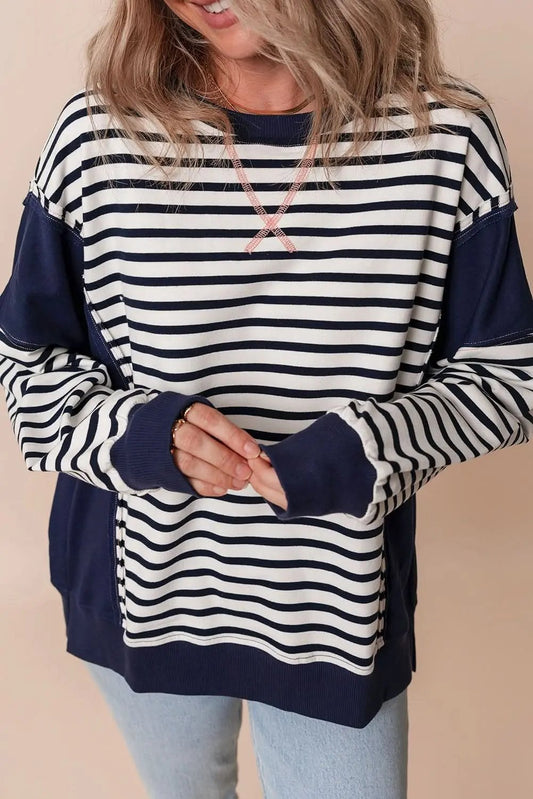 Sudadera de mujer - Bloques de color a rayas - Estilo invernal informal de ajuste holgado