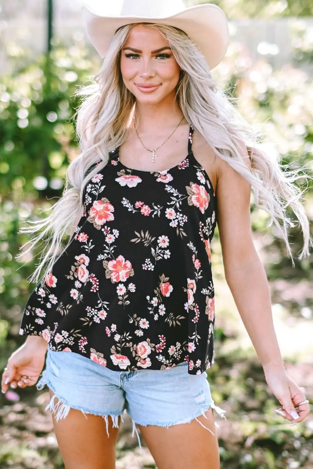 T-Shirts Love Salve Black Floral Tank Top Women's Bohemian Summer Top Strappy Back Cute