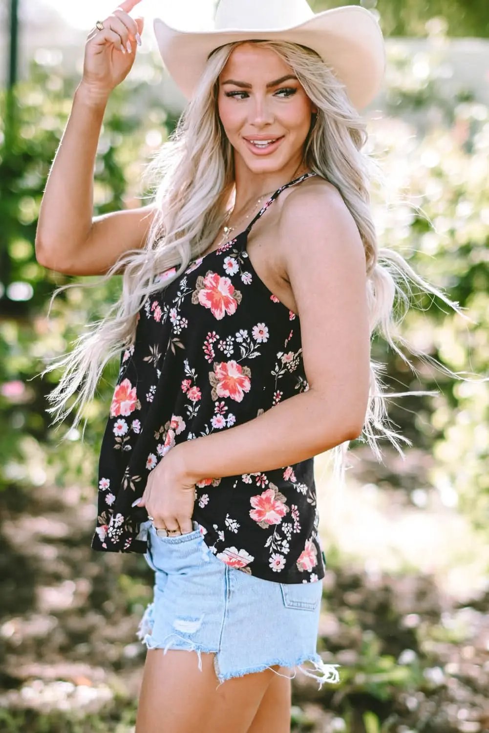 T-Shirts Love Salve Black Floral Tank Top Women's Bohemian Summer Top Strappy Back Cute