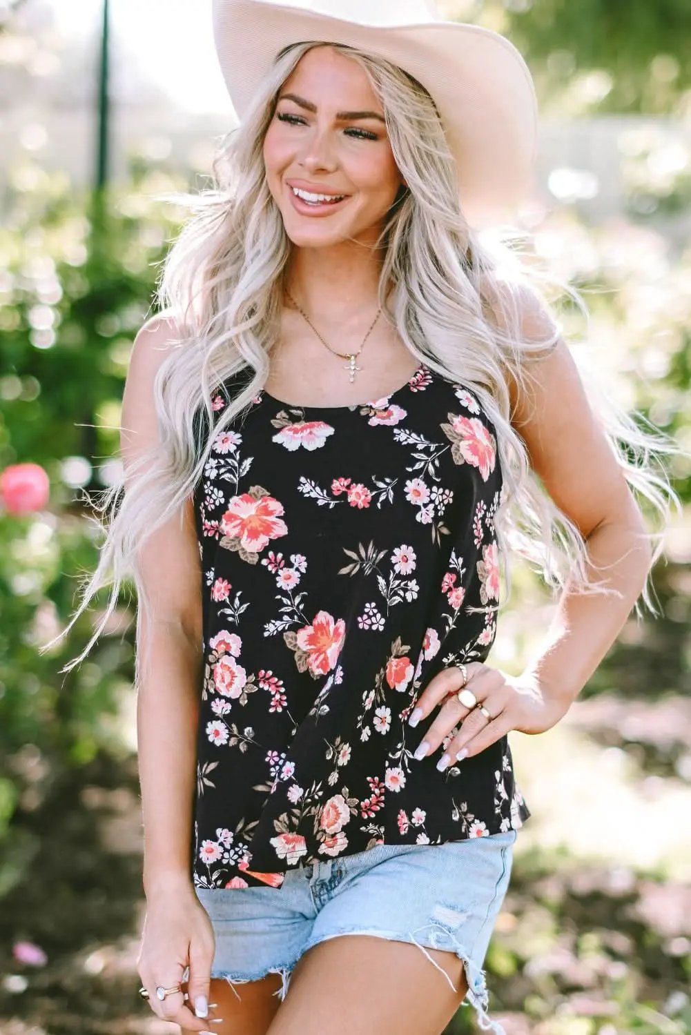 T-Shirts Love Salve Black Floral Tank Top Women's Bohemian Summer Top Strappy Back Cute