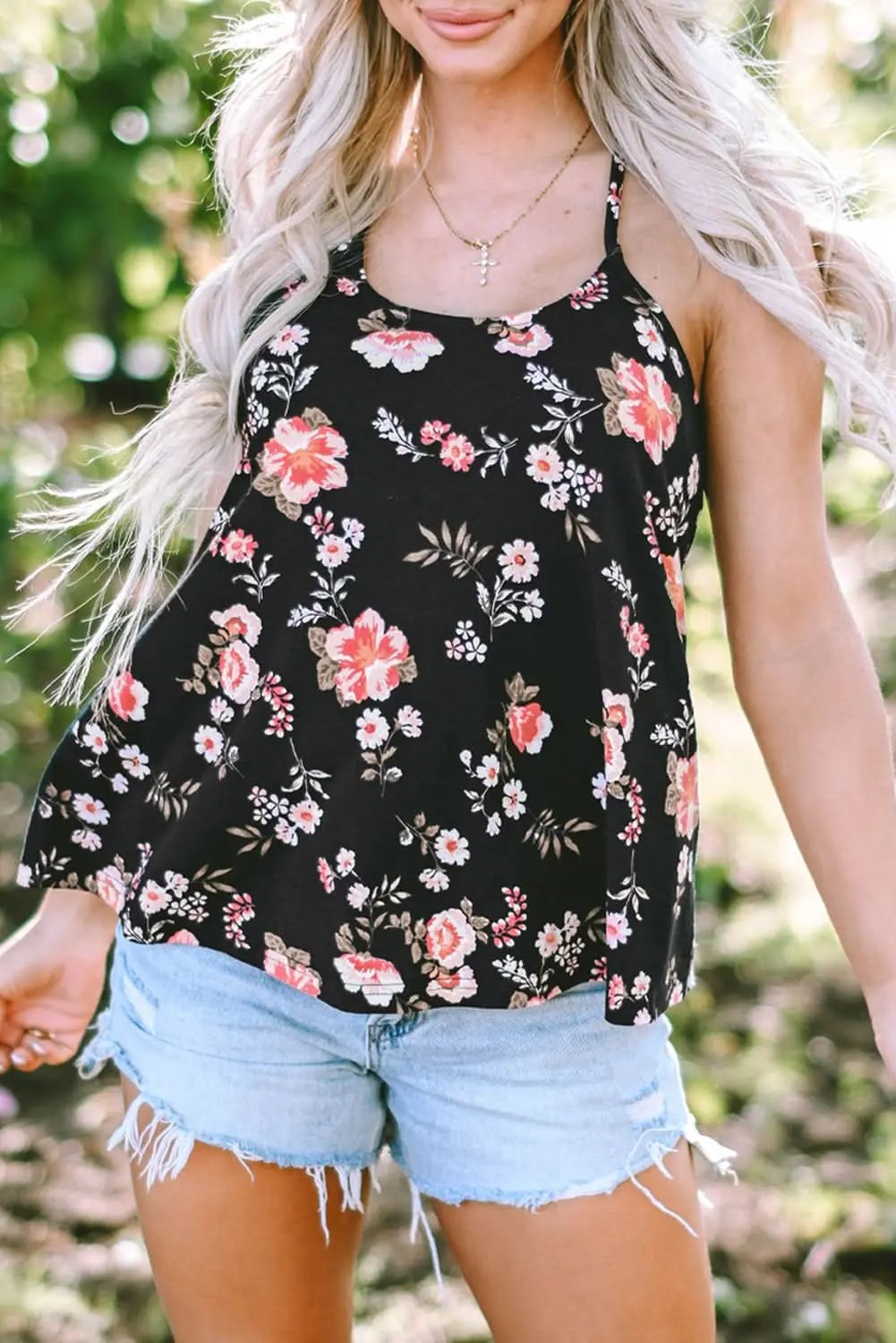 T-Shirts Love Salve Black Floral Tank Top Women's Bohemian Summer Top Strappy Back Cute