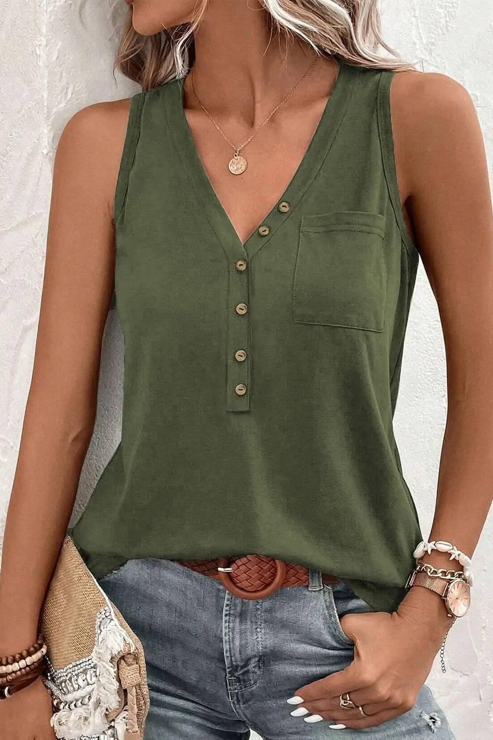 Pants Love Salve Jungle Green Half Button V Neck Patched Pocket Tan