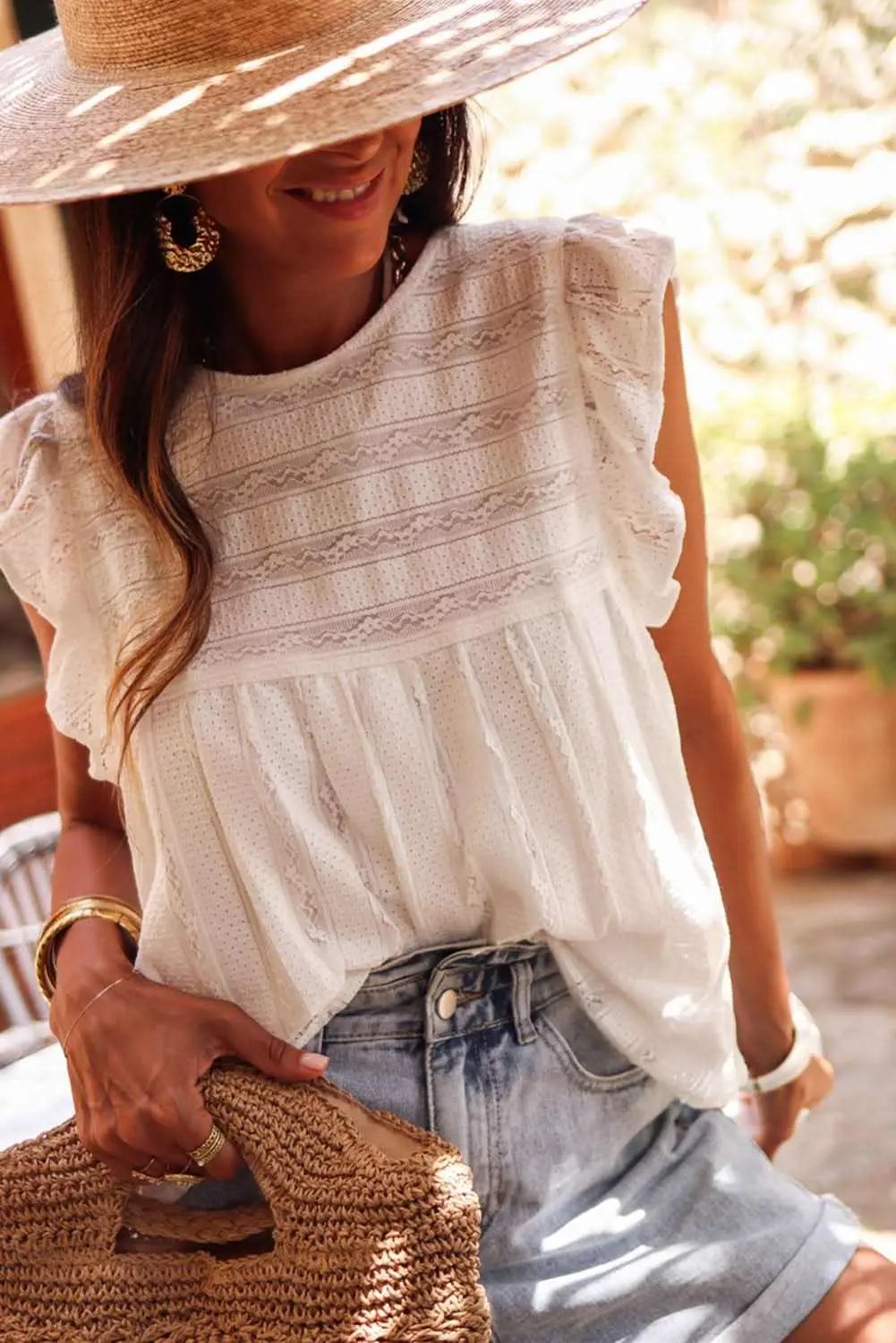 T-Shirts Love Salve White Ruffled Lace Flowy Tank Top