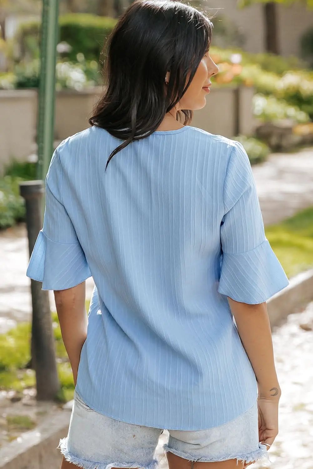Pants Love Salve Beau Blue Ruffled Half Sleeve V Neck Textured Top