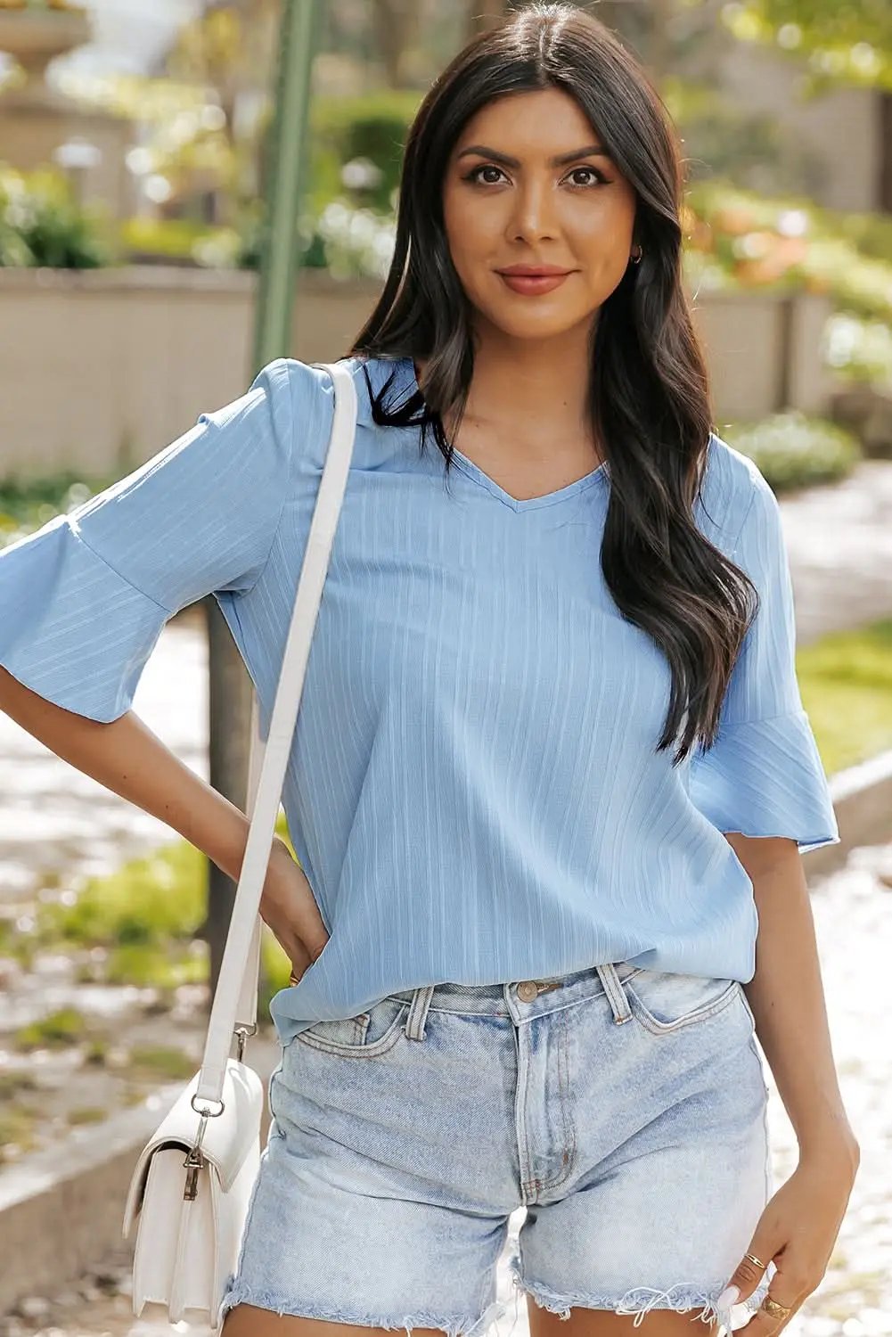 Pants Love Salve Beau Blue Ruffled Half Sleeve V Neck Textured Top