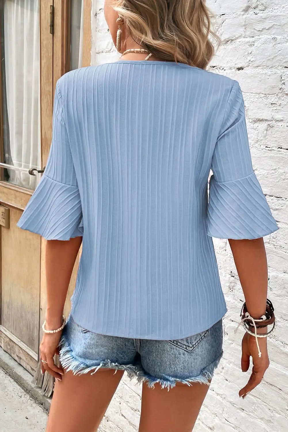 Pants Love Salve Beau Blue Ruffled Half Sleeve V Neck Textured Top