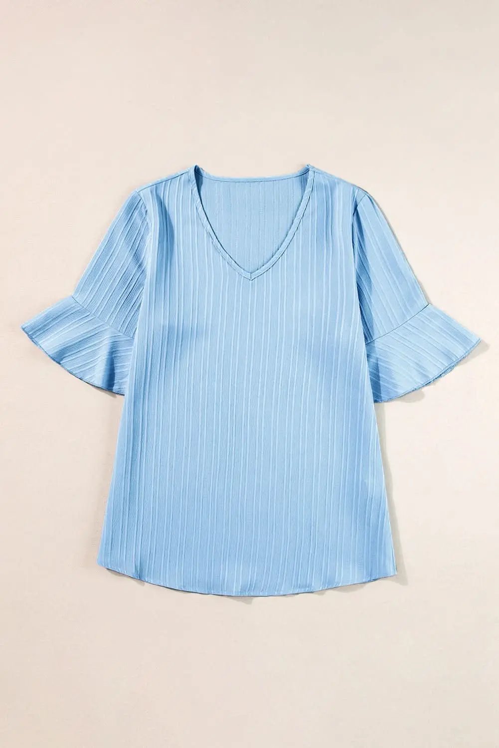Pants Love Salve Beau Blue Ruffled Half Sleeve V Neck Textured Top