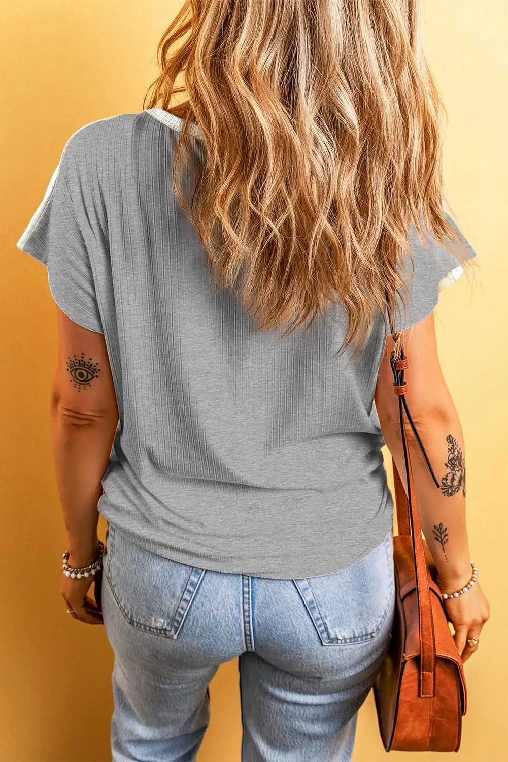 T-Shirts Love Salve Gray Ribbed Color Block Patchwork T-shirt