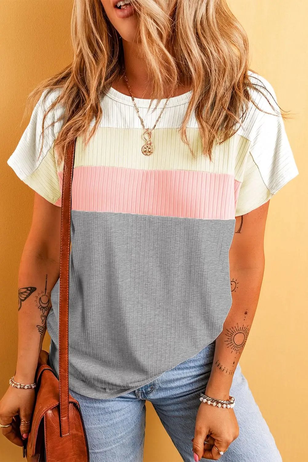T-Shirts Love Salve Gray Ribbed Color Block Patchwork T-shirt