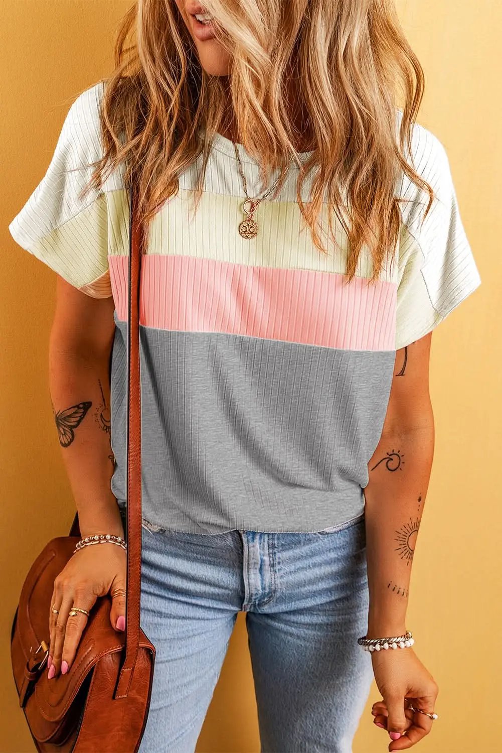 T-Shirts Love Salve Gray Ribbed Color Block Patchwork T-shirt