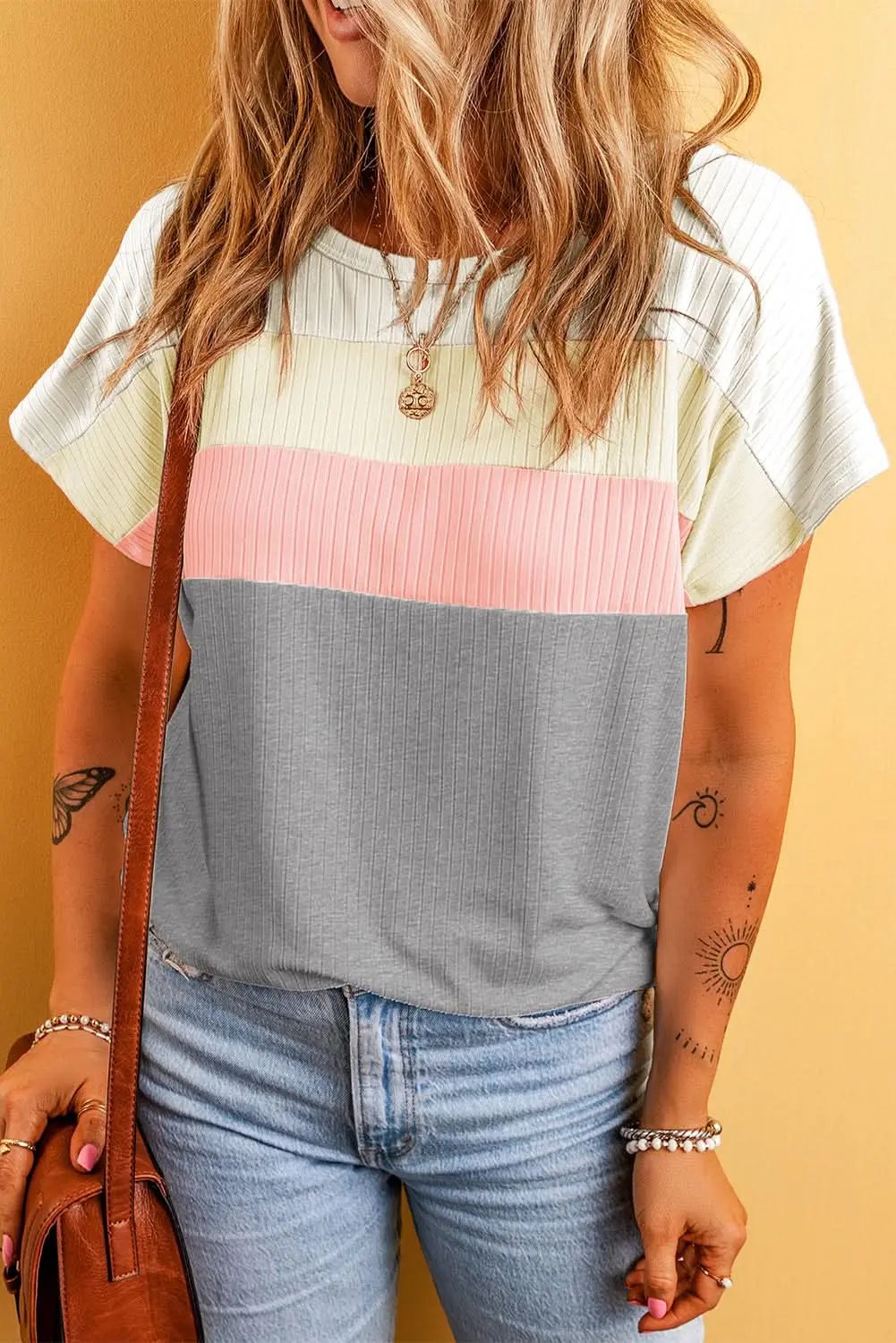T-Shirts Love Salve Gray Ribbed Color Block Patchwork T-shirt