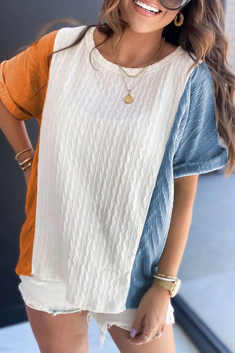 T-Shirts Love Salve Light Blue Textured Color Block Loose Fit T Shirt