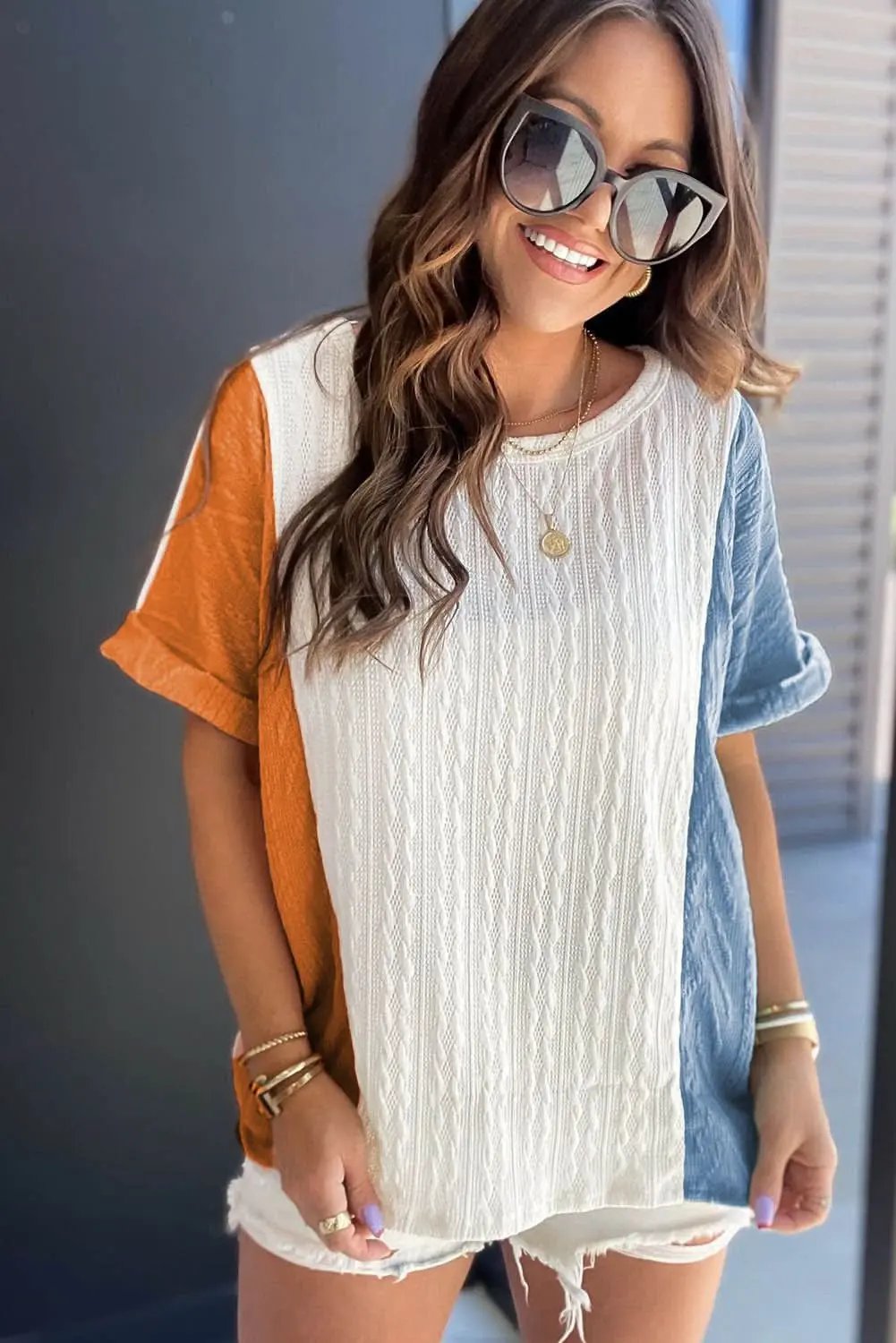T-Shirts Love Salve Light Blue Textured Color Block Loose Fit T Shirt