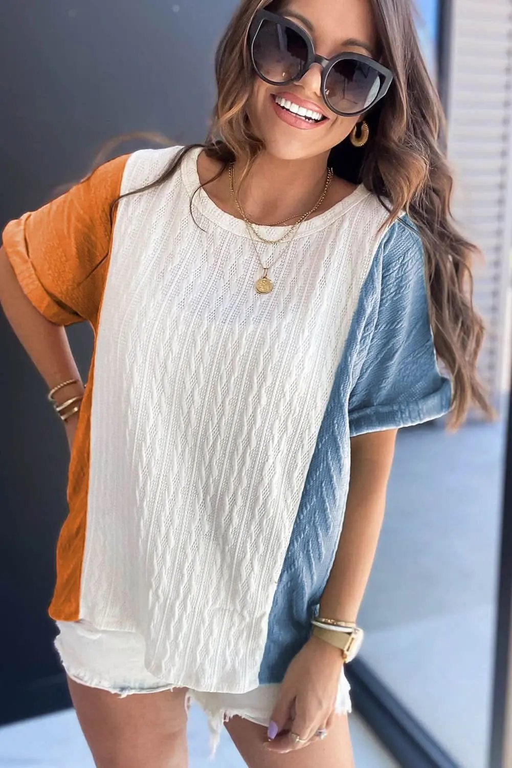 T-Shirts Love Salve Light Blue Textured Color Block Loose Fit T Shirt