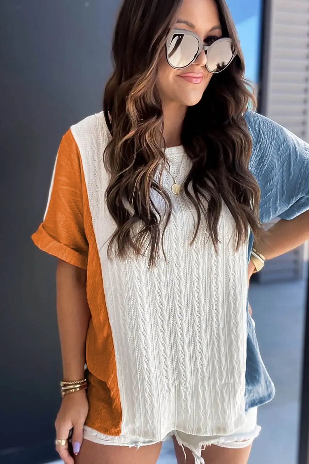 T-Shirts Love Salve Light Blue Textured Color Block Loose Fit T Shirt