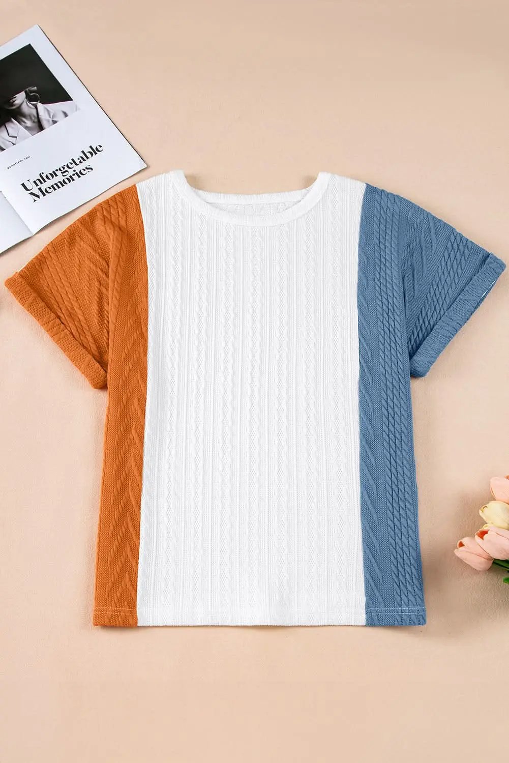 T-Shirts Love Salve Light Blue Textured Color Block Loose Fit T Shirt