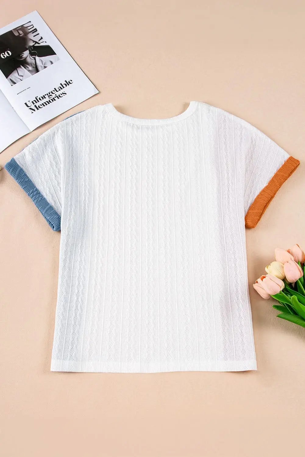 T-Shirts Love Salve Light Blue Textured Color Block Loose Fit T Shirt