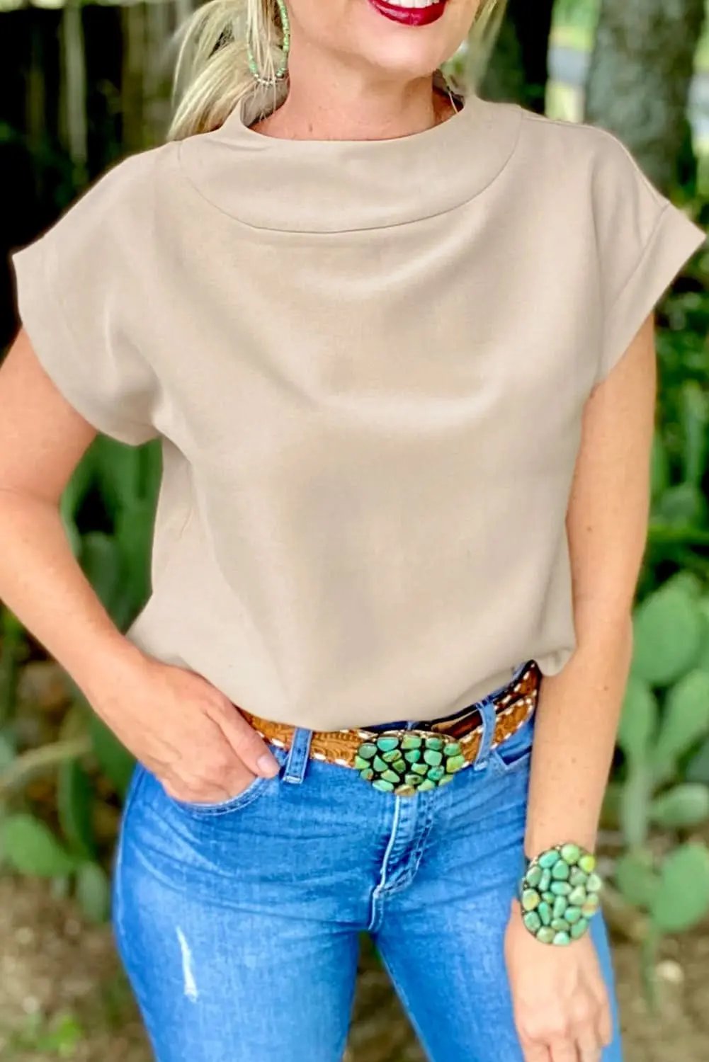 Love Salve Oatmeal Crew Neck Tee — Soft Viscose Blend Casual Top