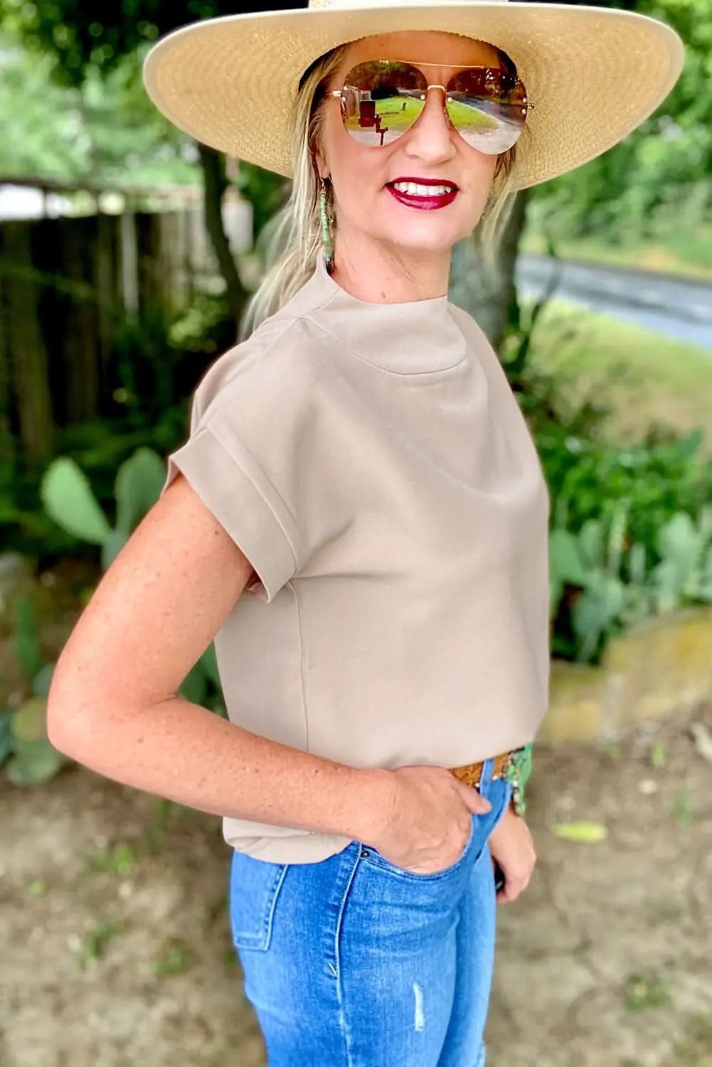 Love Salve Oatmeal Crew Neck Tee — Soft Viscose Blend Casual Top