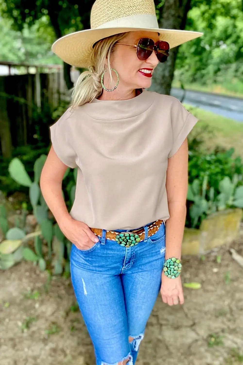 Love Salve Oatmeal Crew Neck Tee — Soft Viscose Blend Casual Top