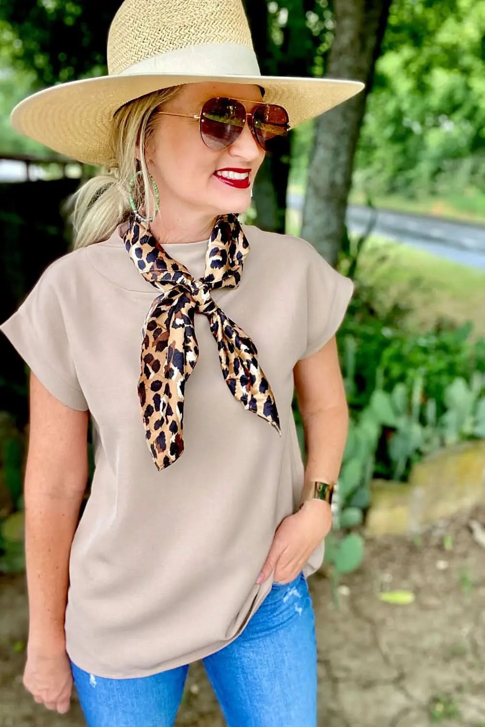 Love Salve Oatmeal Crew Neck Tee — Soft Viscose Blend Casual Top