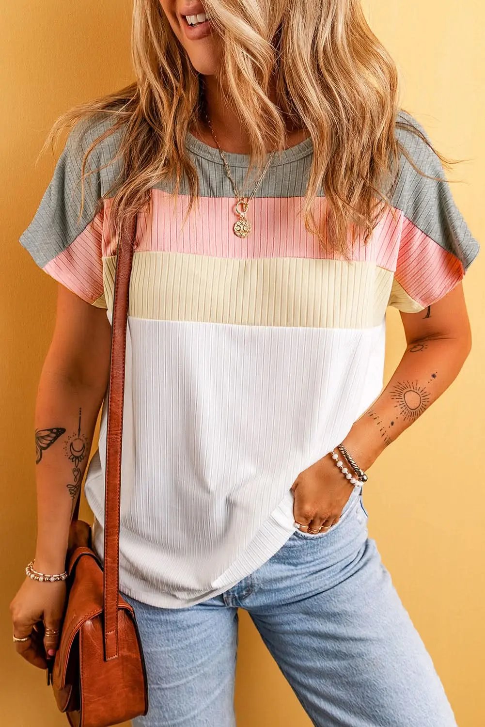 T-Shirts Love Salve Ribbed Color Block Tee Women's Casual T-Shirt Summer Essential