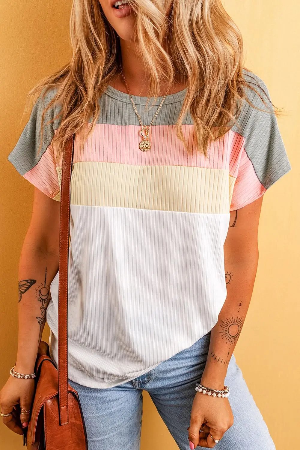 T-Shirts Love Salve Ribbed Color Block Tee Women's Casual T-Shirt Summer Essential