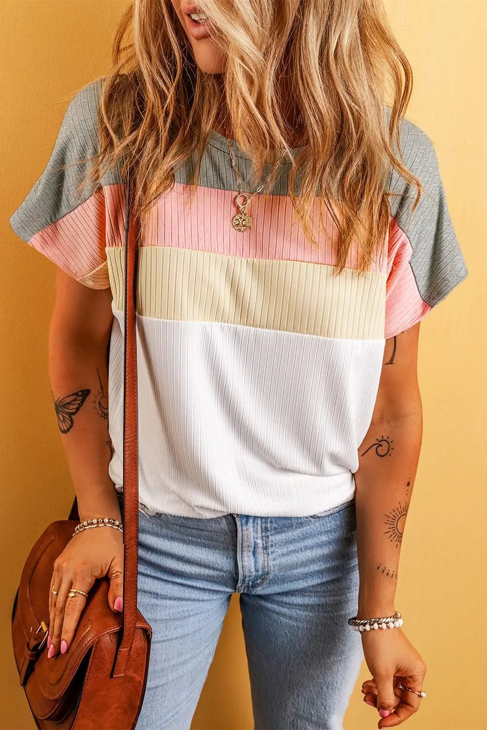 T-Shirts Love Salve Ribbed Color Block Tee Women's Casual T-Shirt Summer Essential