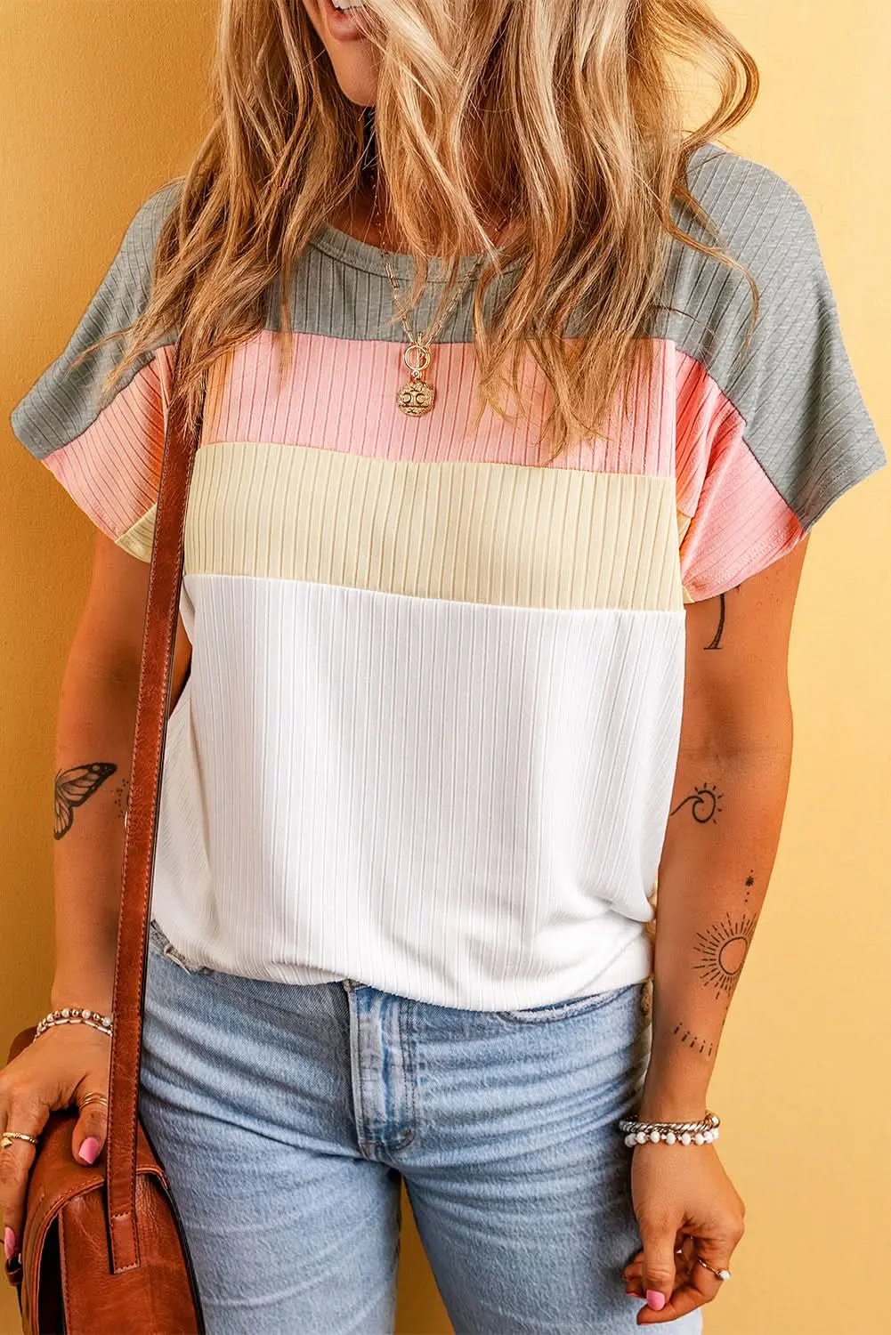 T-Shirts Love Salve Ribbed Color Block Tee Women's Casual T-Shirt Summer Essential