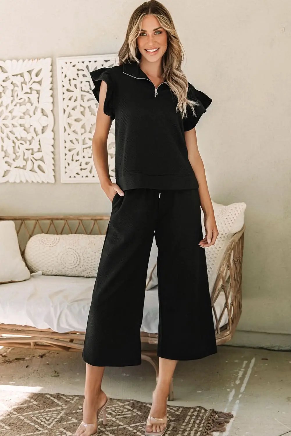 Pants Love Salve Black Set Women's Daily Wear Pant Set Ruffle Sleeve, Wide Leg