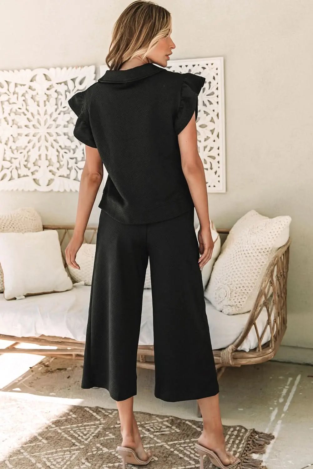 Pants Love Salve Black Set Women's Daily Wear Pant Set Ruffle Sleeve, Wide Leg