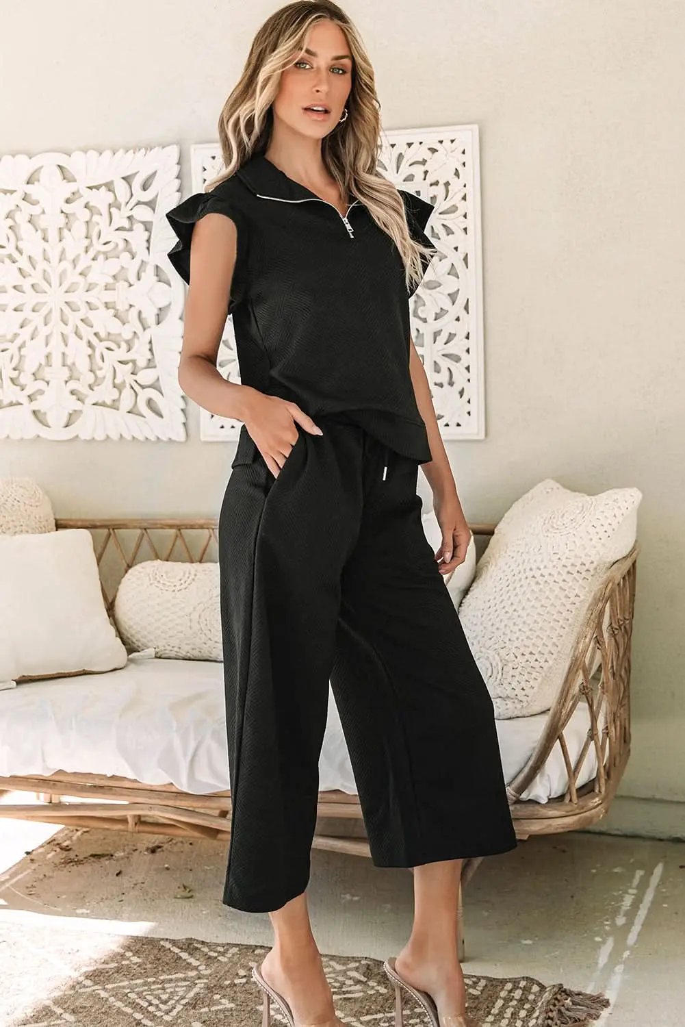Pants Love Salve Black Set Women's Daily Wear Pant Set Ruffle Sleeve, Wide Leg
