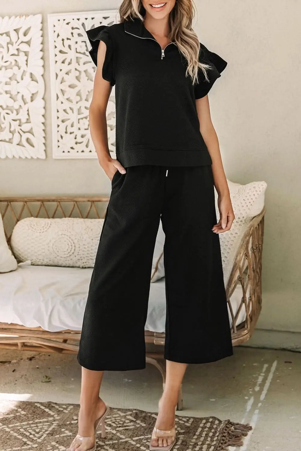 Pants Love Salve Black Set Women's Daily Wear Pant Set Ruffle Sleeve, Wide Leg