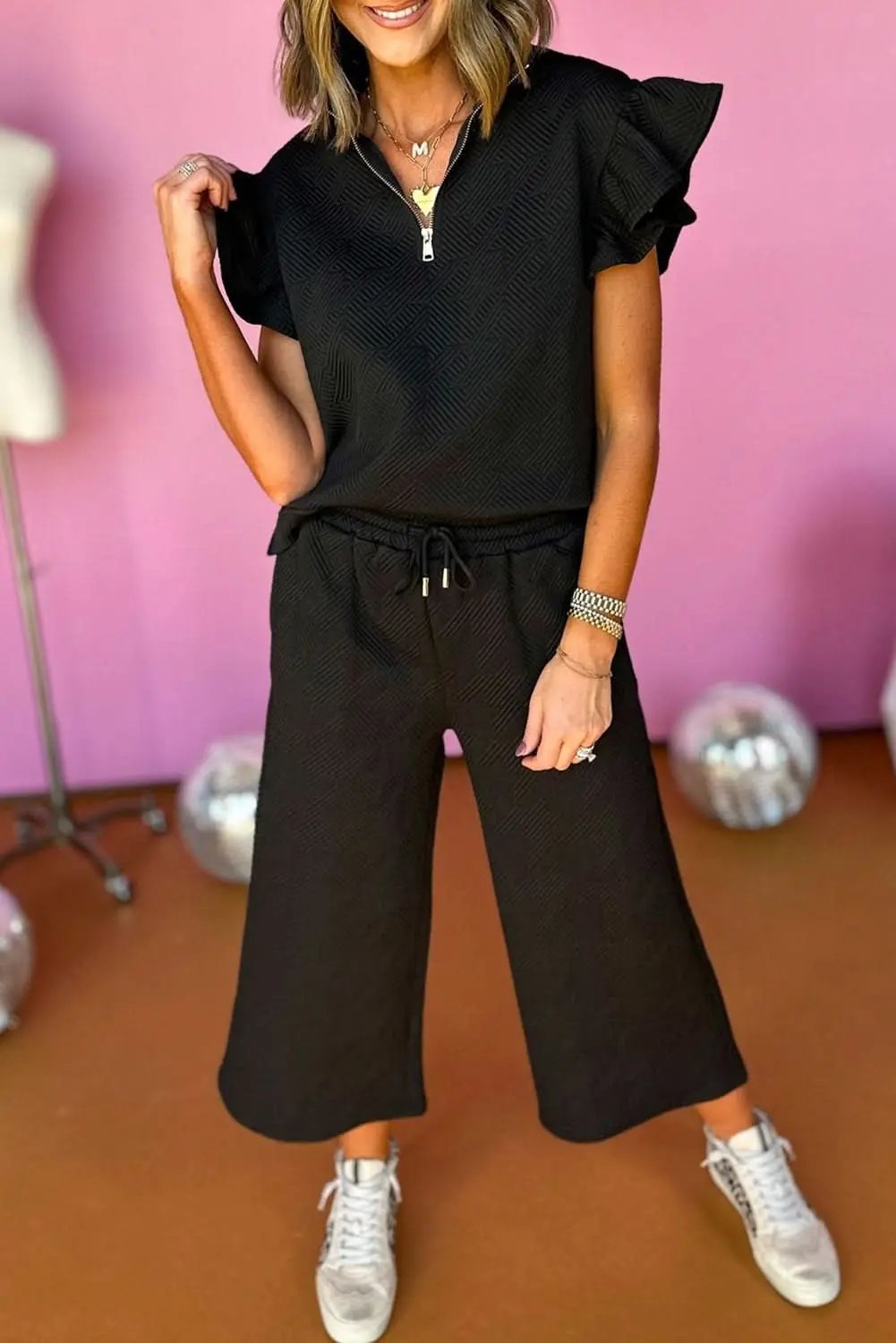 Pants Love Salve Black Set Women's Daily Wear Pant Set Ruffle Sleeve, Wide Leg