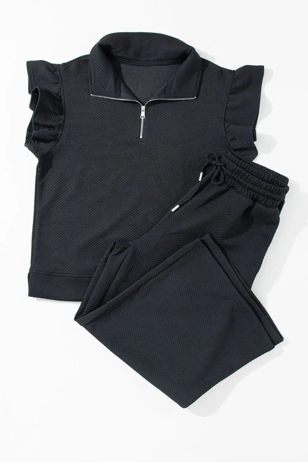 Pants Love Salve Black Set Women's Daily Wear Pant Set Ruffle Sleeve, Wide Leg