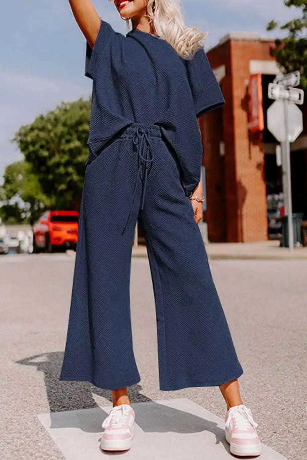 Pants Love Salve Navy Blue Textured Loose Fit T Shirt and Drawstrin