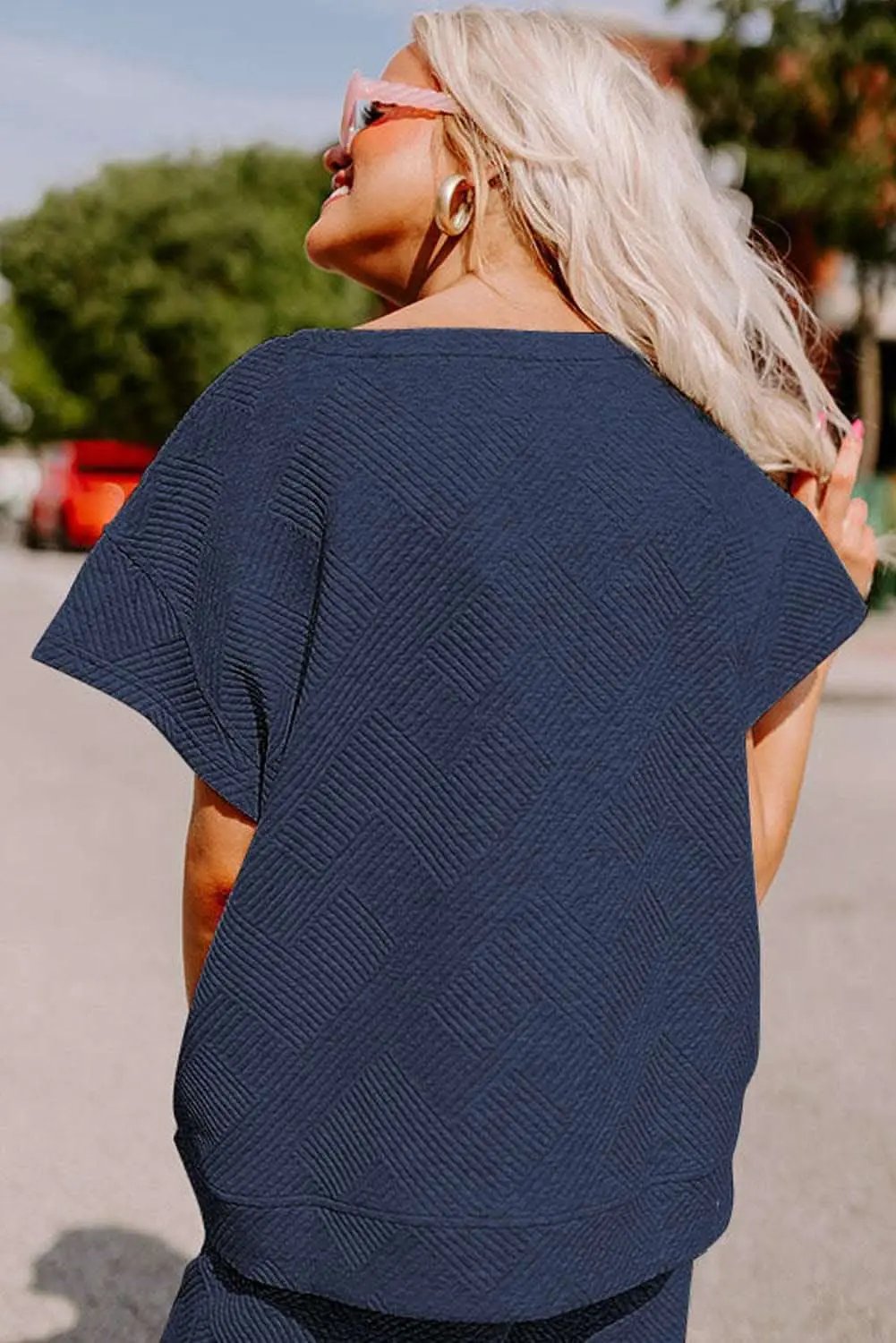Pants Love Salve Navy Blue Textured Loose Fit T Shirt and Drawstrin