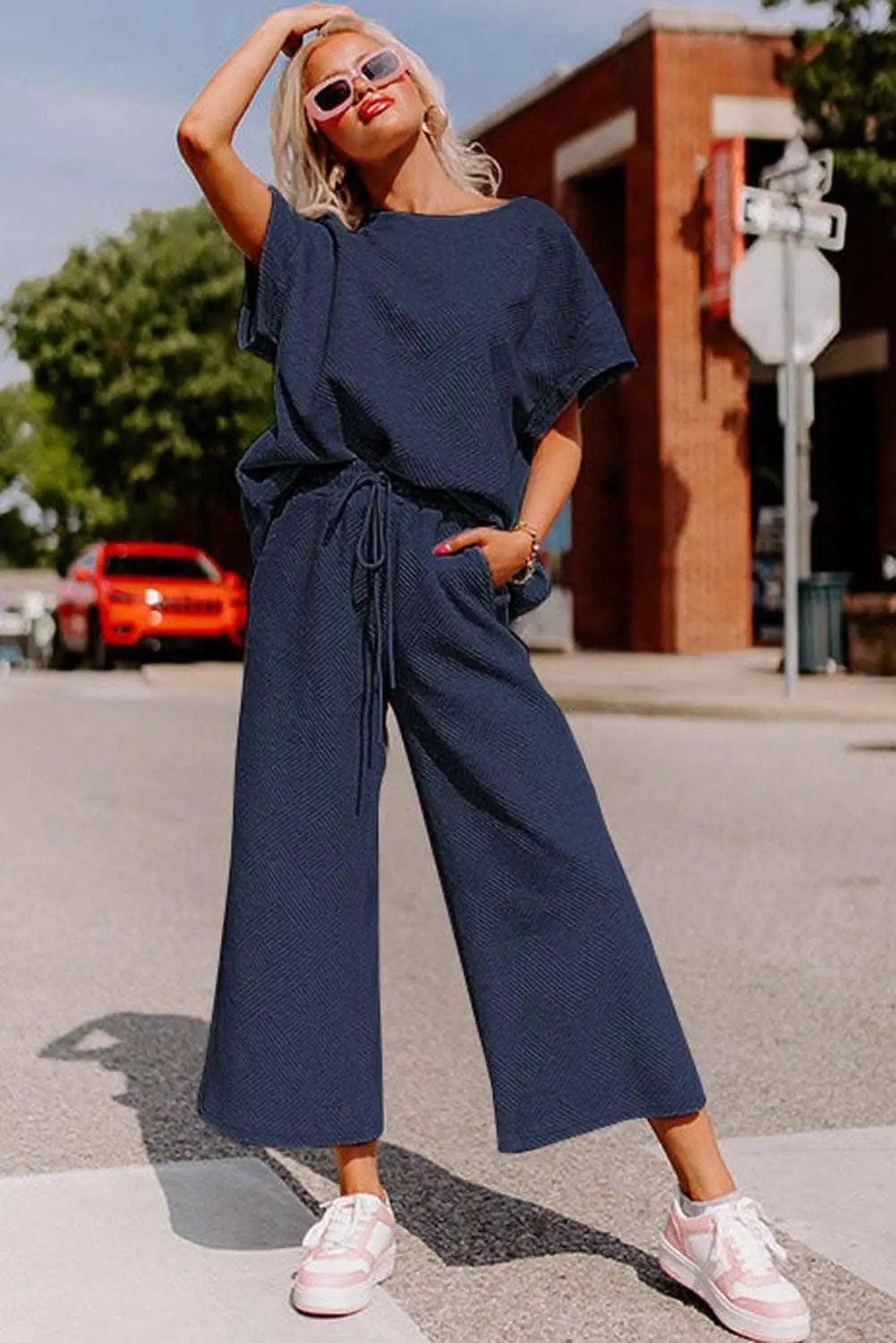 Pants Love Salve Navy Blue Textured Loose Fit T Shirt and Drawstrin