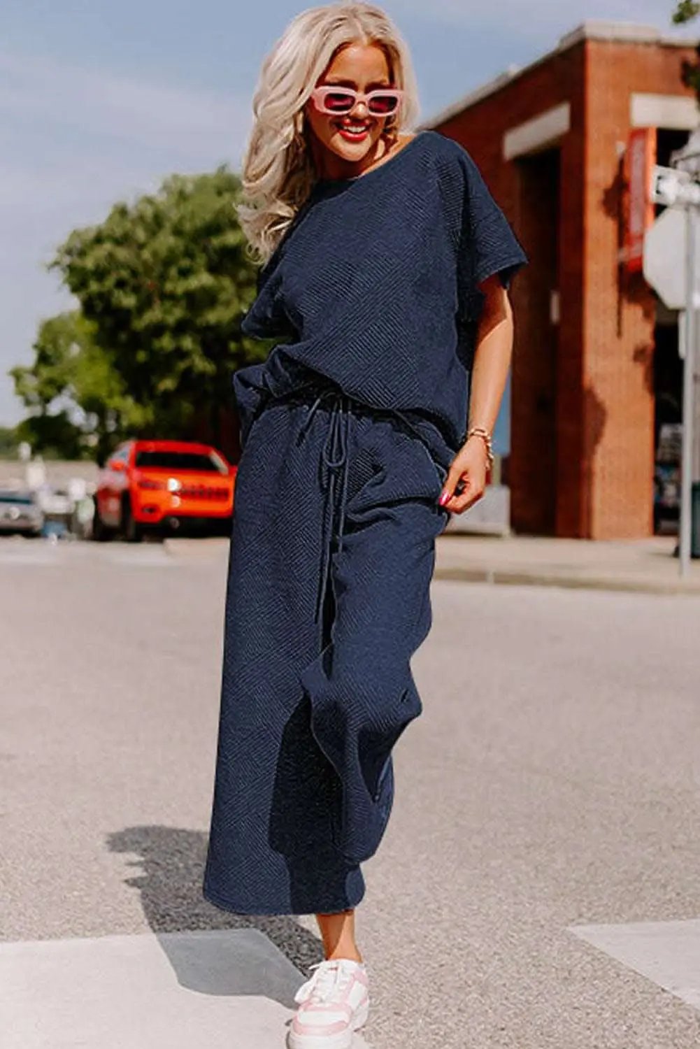 Pants Love Salve Navy Blue Textured Loose Fit T Shirt and Drawstrin