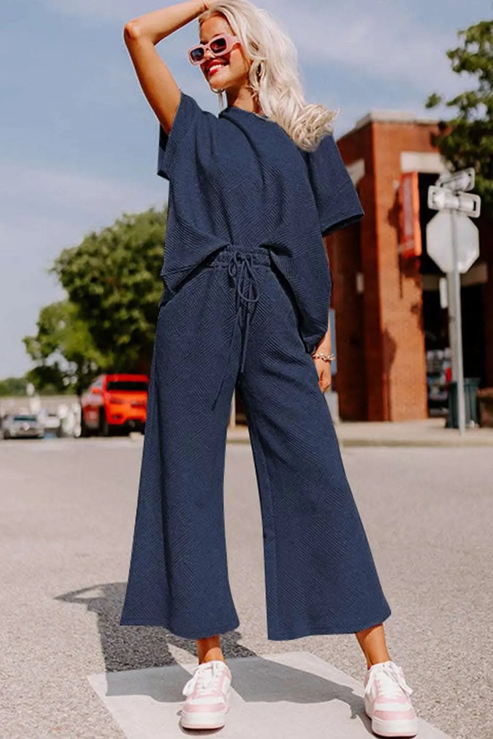 Pants Love Salve Navy Blue Textured Loose Fit T Shirt and Drawstrin