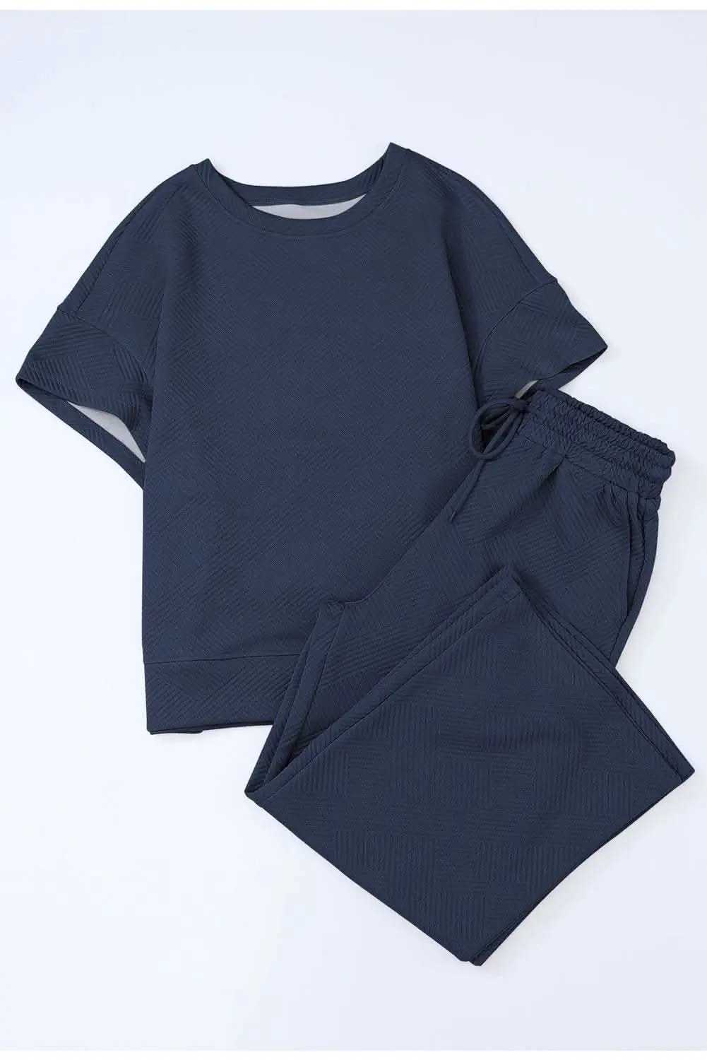 Pants Love Salve Navy Blue Textured Loose Fit T Shirt and Drawstrin