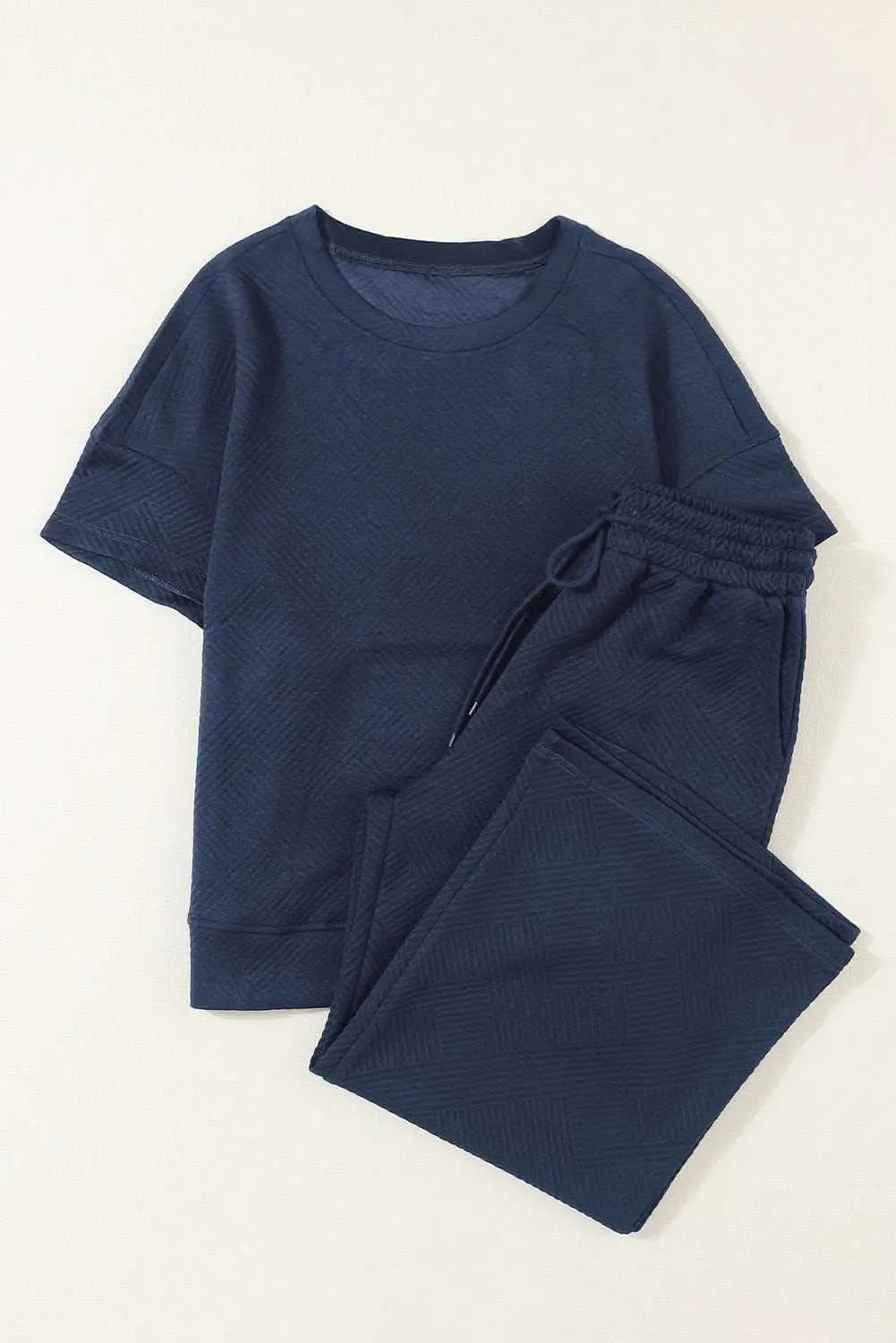 Pants Love Salve Navy Blue Textured Loose Fit T Shirt and Drawstrin